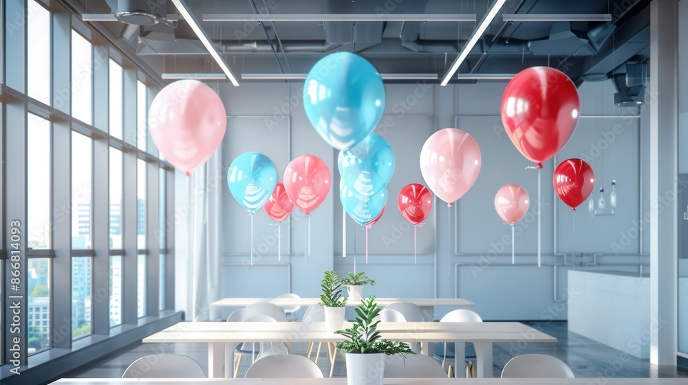 Poster colorful balloons hang from the ceiling in an office setting, creating a festive atmosphere for a co