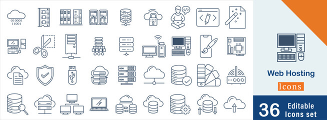 Web Hosting editable stroke outline web icons set. Web hosting, server, CDN, VPN, domain, FTP, internet, backup, SSL, database and firewall. Vector illustration