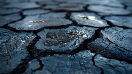 Zoomed-in photo of cracks on an old asphalt road.