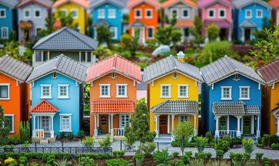 Fototapeta premium A collection of colorful miniature houses. AI.
