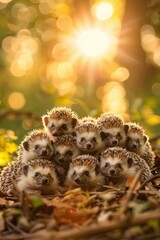 Obraz premium A group of hedgehogs huddle together in the forest. AI.
