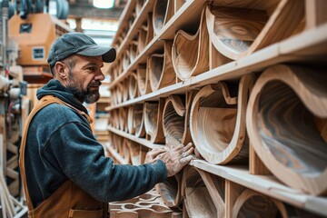 A carpenter constructing a bookshelf, focus on the process, whimsical, multilayer, home workshop backdrop