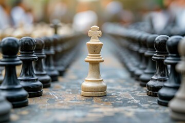 Chessboard with the king in the center and pawns lined up on the edges as leadership, central position, strategic importance concept. 