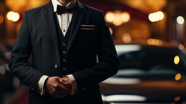 Businessman and chauffeur at car door for professional transport service in business class travel