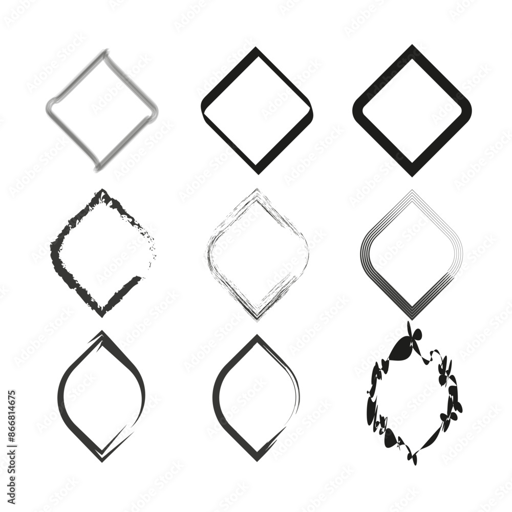 Poster abstract square frames. nine unique designs. black and white vector. various artistic styles.