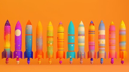 A colorful array of cartoon-style rockets lined up against an orange background