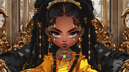 Obraz premium Afro-American girl braided black hair with colorful jewels, sit on an elegant black gold sofa, a luxurious interior with gold accents & marble flooring conveys a sense of youthful elegance &vibrant 