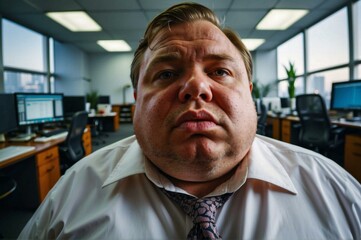 Obraz premium A man sits at his desk, looking at the camera with a blank expression. AI.