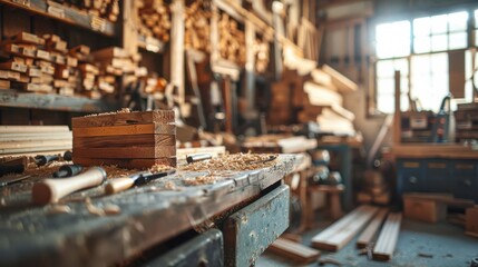 A detailed view of a carpenter s tools and woodwork, focus on details, vibrant, double exposure, garage workshop backdrop