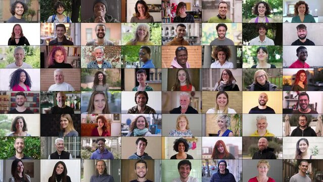 A multiscreen display featuring 64 happy and smiling faces from different ages and ethnicities. The visual captures the essence of joy and diversity, creating an uplifting and positive atmosphere.