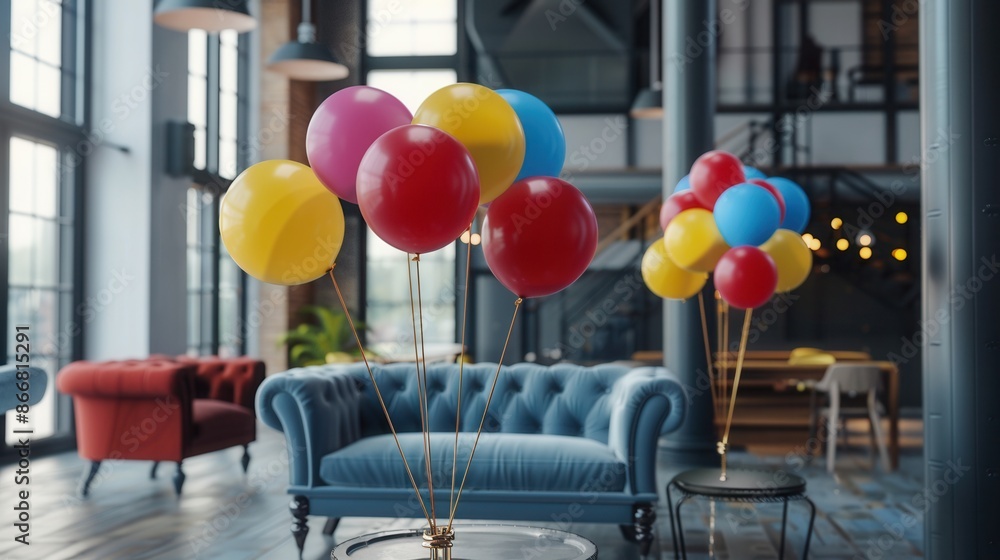 Poster a cluster of colorful balloons decorates a modern office space for an event. generative ai