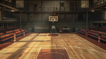A basketball court with a scoreboard showing the score of the game. The court is empty and the seats are empty 