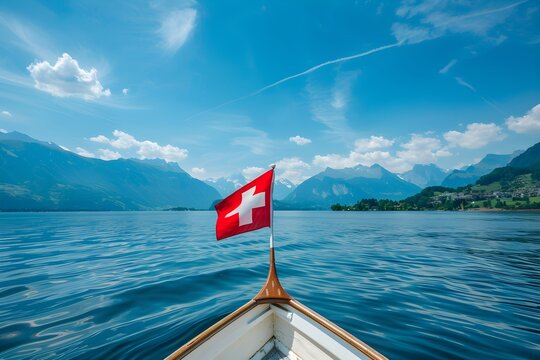 Waving red Swiss flag on the mast of a ship. Boat trip or cruise on lake in Switzerland. Swiss National Day. Travel, vacation and tourism concept