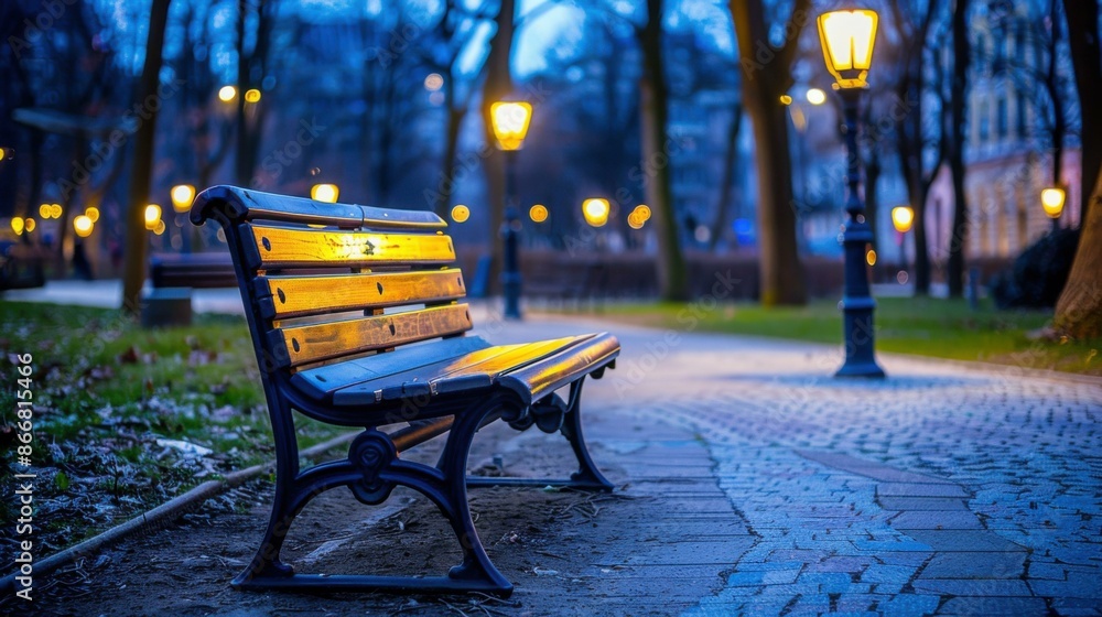 Canvas Prints An empty bench in a park at night, illuminated by a nearby lamp post. AI.