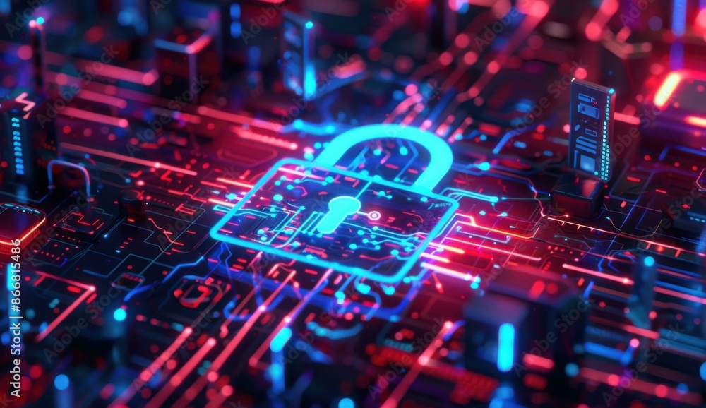 Aufkleber glowing blue padlock on a circuit board with red and blue lines symbolizing security and protection 