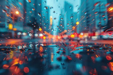Fototapeta premium Raindrops on a window with blurred city lights in the background. AI.