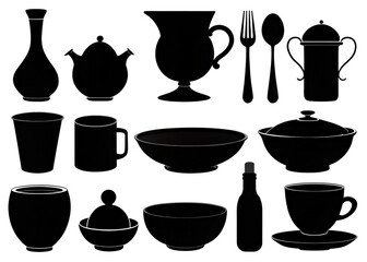 Vector silhouettes of dishes Pack of set of linear, patterns for diary, notebook, album, sticker, design idea on transparent background, brushes PNG transparent background