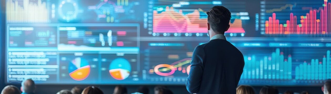 A man looks at a large screen filled with data and graphs.