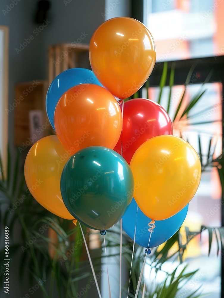 Aufkleber a bunch of balloons in various colors decorates an office event. the balloons are tied together and 