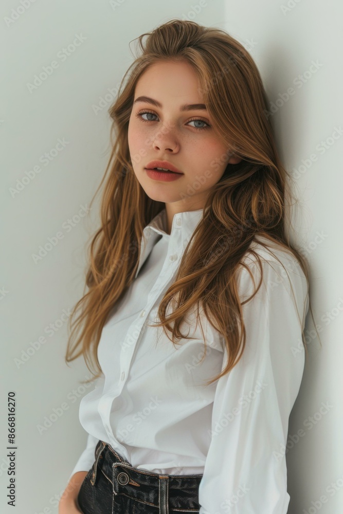 Wall mural Portrait of a young woman with long brown hair wearing a white shirt and blue jeans. AI.