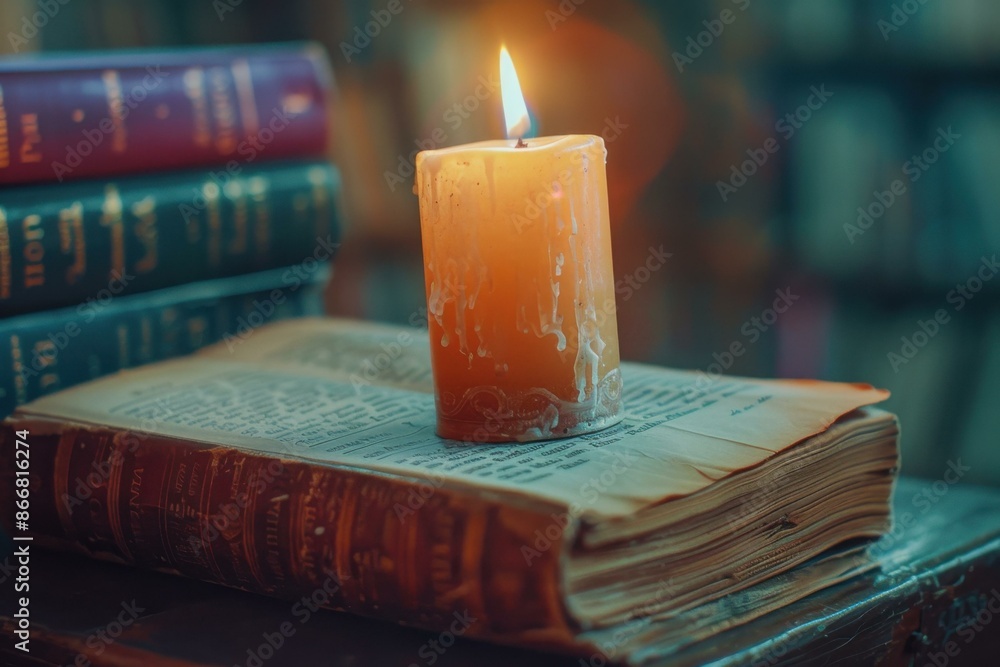 Canvas Prints A single candle burning on a book. AI.