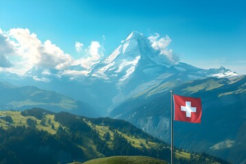 Flag of Switzerland with mountains on background. Panorama landscape with waving red Swiss flag. Swiss National Day. Travel, vacation and tourism concept