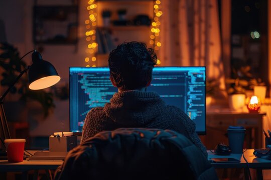 A programmer working late at night, illuminated by string lights and focused on a computer screen filled with code.