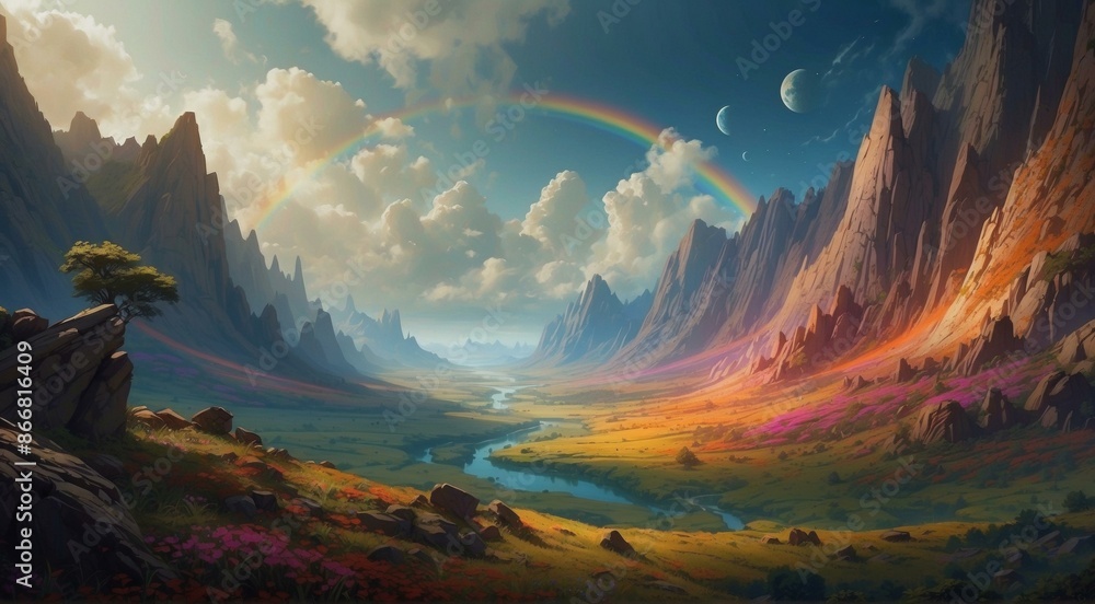 Canvas Prints A beautiful landscape with a rainbow over the mountains. AI.