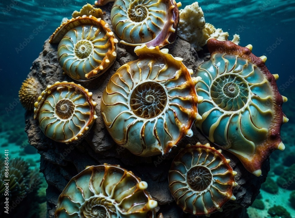 Poster a close-up of a group of colorful nautilus shells on a rock in the ocean. ai.