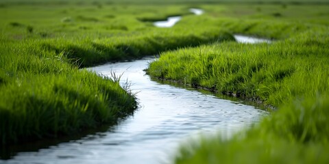 Naklejka premium Restoring a river A winding stream in a lush field. Concept River restoration, Healthy ecosystem, Nature conservation, Sustainable practices, Biodiversity conservation