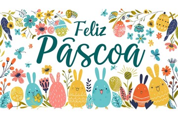 Create a charming Easter card design featuring the message "Feliz Páscoa" presented in a delightful manner.