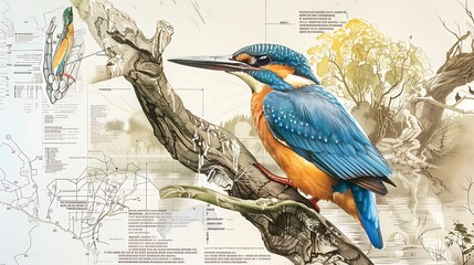 Educational visual aid on the Kingfisher Alcedo atthis illustrating its vibrant plumage habitats near freshwater bodies and hunting behavior with diagrams of its diving technique and nest sites