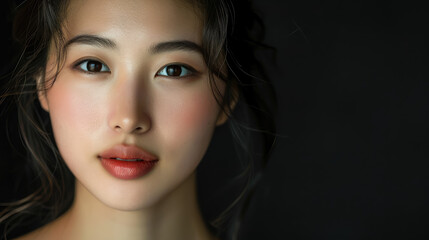 face of a beautiful young Korean woman on a black background, beauty shooting, healthy clean skin, studio, head shot, model, wellness, makeup, female, smile, Asian, Japanese, Chinese girl, red lips