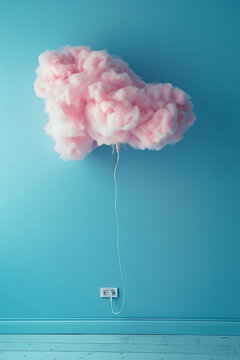 Pink cotton cloud plugged into a wall on blue background. Generative AI image