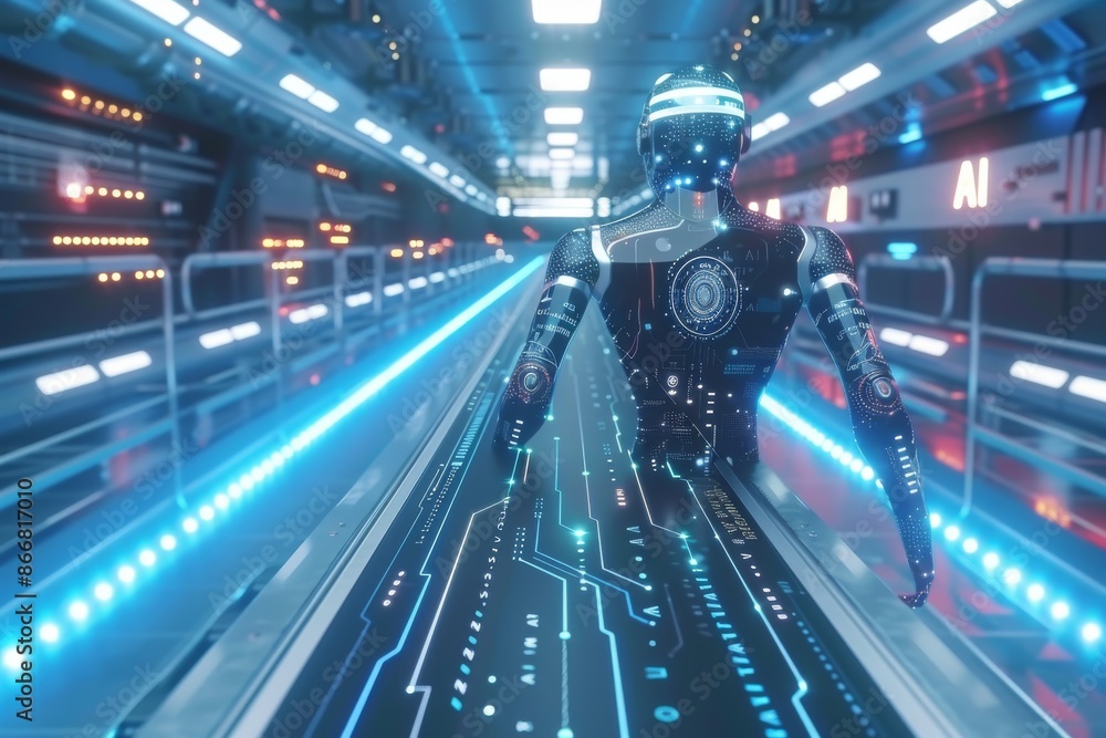 Poster ai robot in high tech corridor, highlighting advanced technology, artificial intelligence, and tech 