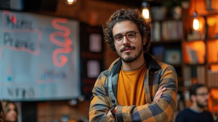 Fototapeta premium A young man with glasses and a beard stands in a coffee shop with his arms crossed. He is looking directly at the camera.