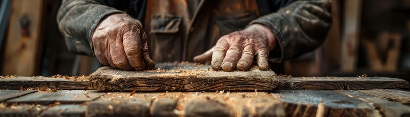 Close up of rough hands working with wood.