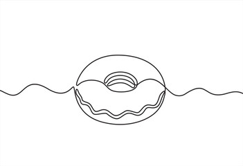 Continuous one line drawing of delicious donut with topping isolated on white background. Food concept vector illustration.