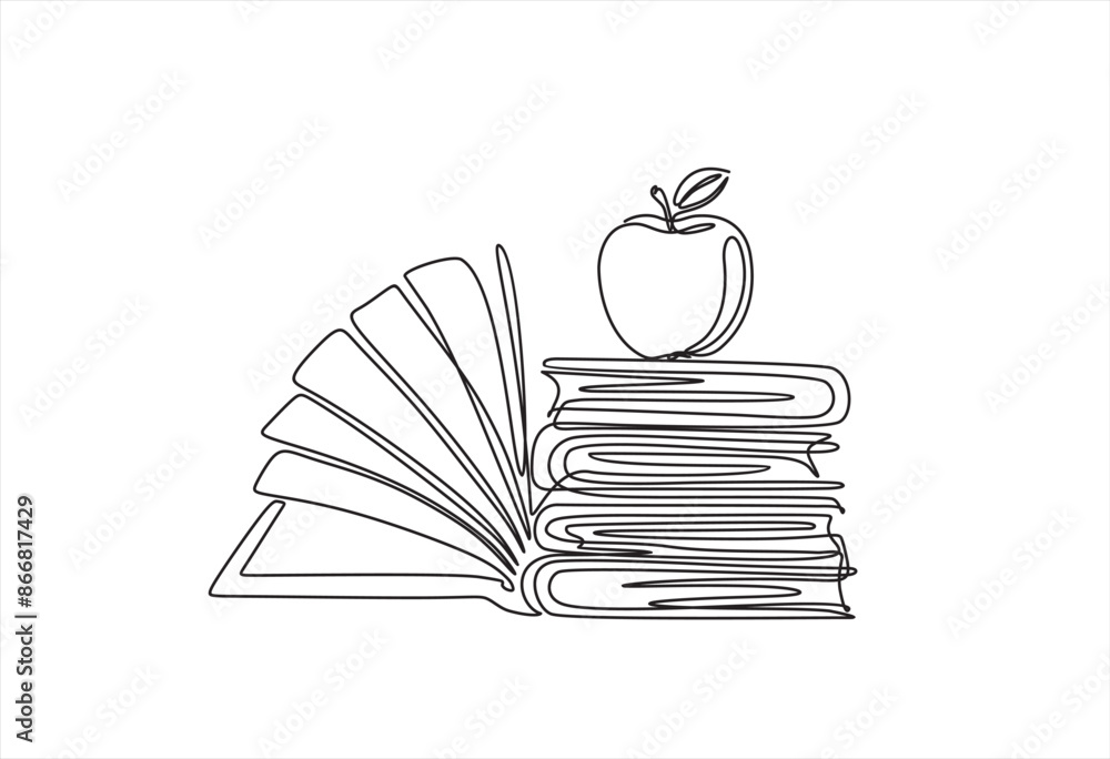 Aufkleber continuous one line drawing of apple above books stack minimalist vector illustration design on whit