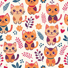 A playful pattern  cute, cats in various poses, surrounded by flowers, leaves, and heart