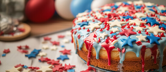 a close-up image of a cake decorated with red, white, and blue icing and star-shaped sprinkles, Patriotism, Fourth of July, Balloon, Party, Social Event, Celebration, Celebration E