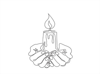 Continuous one line drawing of a hands holding burning candle. Human hands holding a memory candle. Melting wax candle in hands. Vector minimalism design isolated on white background