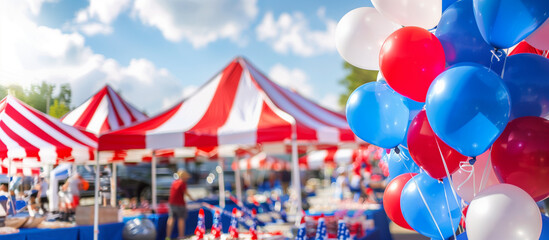 a  of a community event with tents decorated in red, white, and blue, Patriotism, Fourth of July, Balloon, Party, Social Event, Celebration, Celebration Event, Indepe