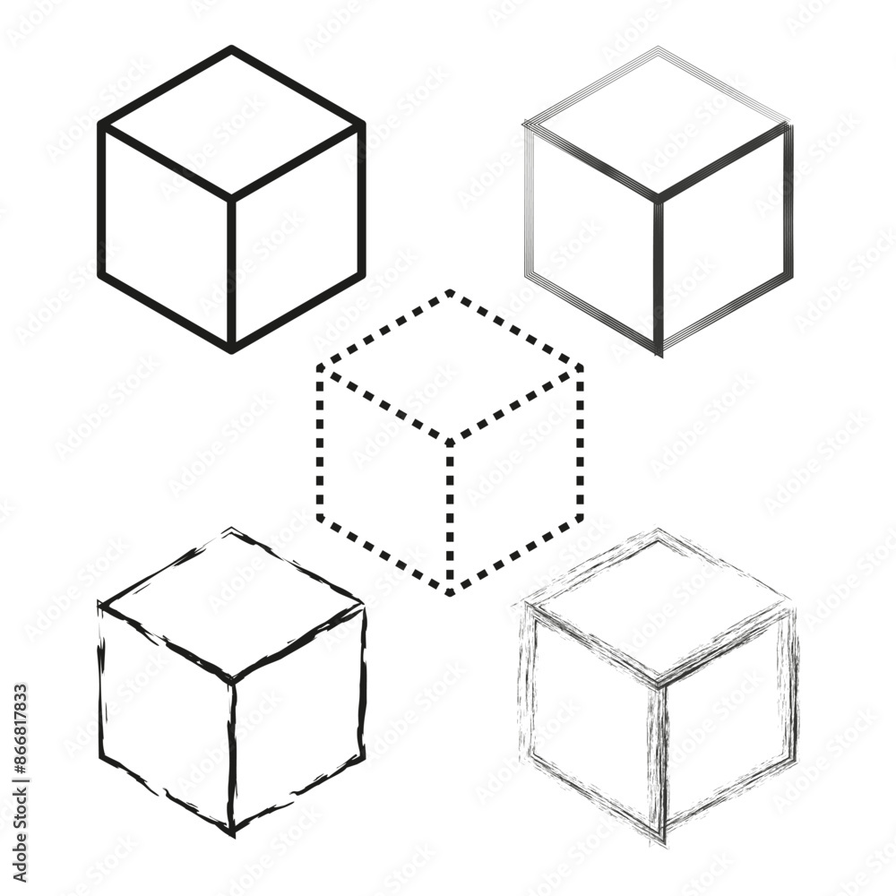 Poster cube outline icons. geometric 3d shapes. various line styles. minimalist vector set.