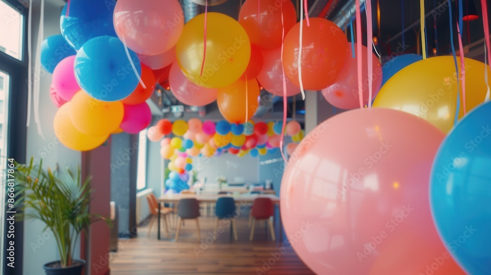 Aufkleber brightly colored balloons hang from the ceiling of an office, creating a festive atmosphere for a co