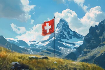 Flag of Switzerland with mountains on background. Panorama landscape with waving red Swiss flag. Swiss National Day. Travel, vacation and tourism concept