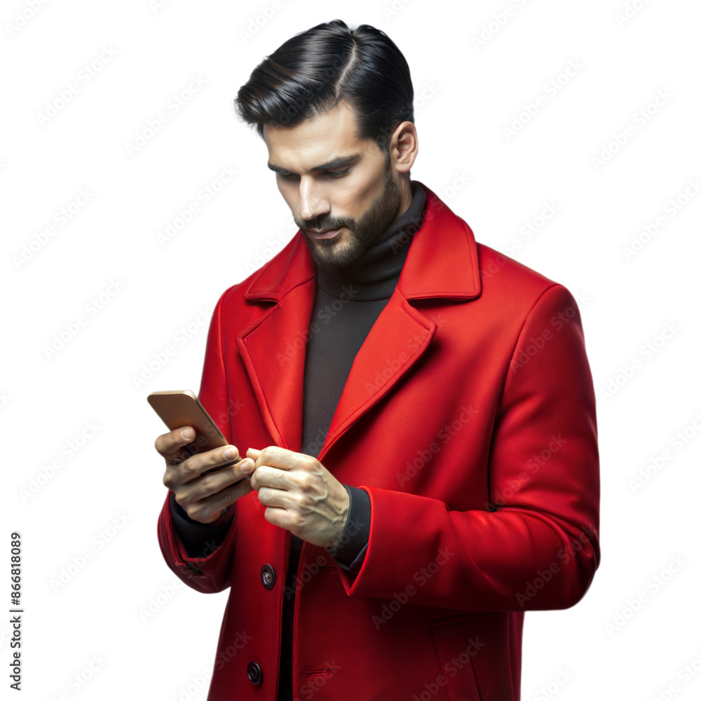Poster man in red coat using smartphone
