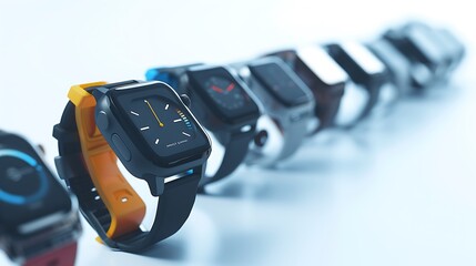 A lineup of high-tech smartwatches and fitness trackers neatly arranged on a white backdrop, showcasing the intersection of technology and health in realistic