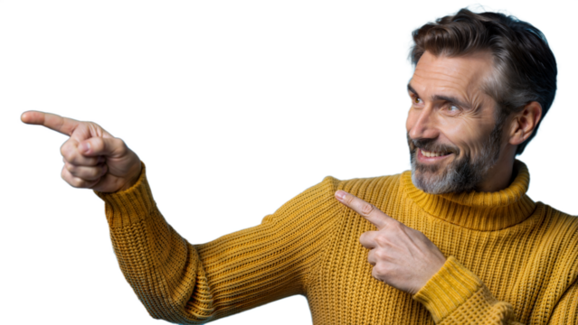 Happy Middle Aged Man Wearing Yellow Sweater Pointing With Both Hands