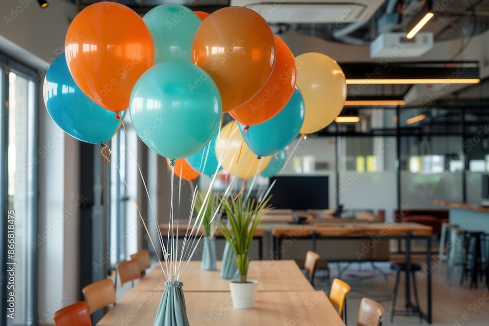 Poster a cluster of balloons in corporate colors decorates a table in an office setting. generative ai